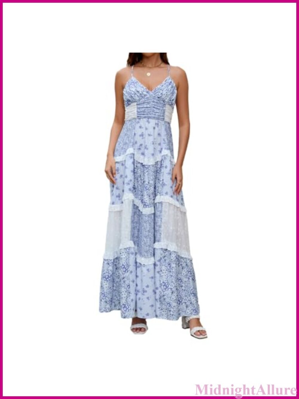 Floral Maxi Dress Spaghetti Strap V Neck Lace Patchwork Boho